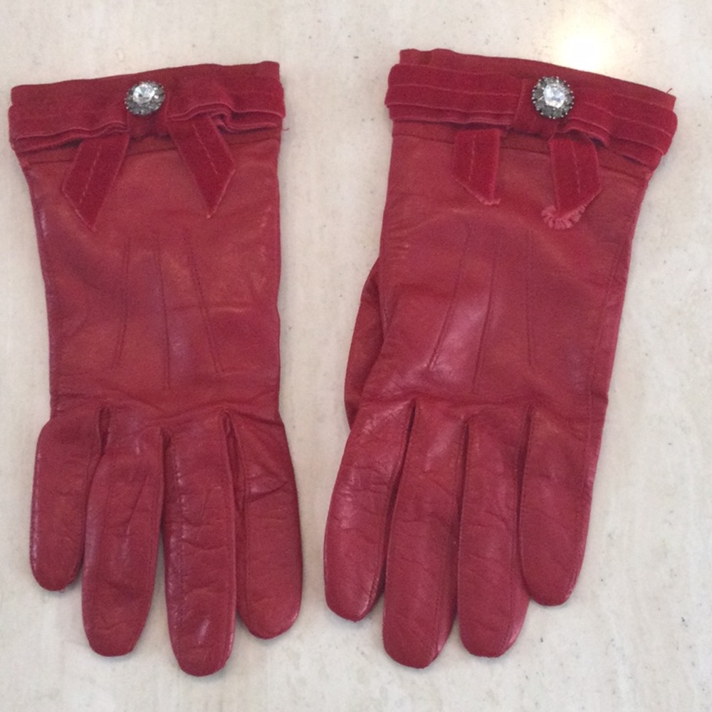 Vintage Coach Red Leather Gloves Silk Lining Women Size 8 Velvet Trim Rhinestone